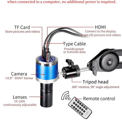 4K 48MP HDMI TYPE-C Microscope With 360° Adjustable Arm, 0-150X Magnification for Electronics Repair  EU/US/MX/Brazil Warehouse