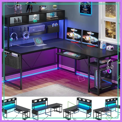 L-Shaped Gaming Desk with LED Lights, Power Outlet, Keyboard Tray & Storage - Reversible Design for Home Office