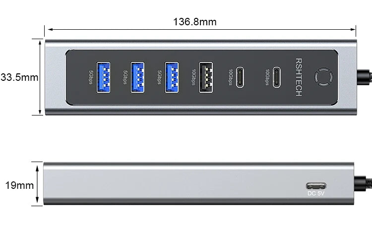 RSHTECH USB C Hub 7-Port USB 3.2 Gen2 Splitter with 5 USB-A & 2 USB-C Data Ports Aluminum USB Extension Data Hubs for PC Laptop