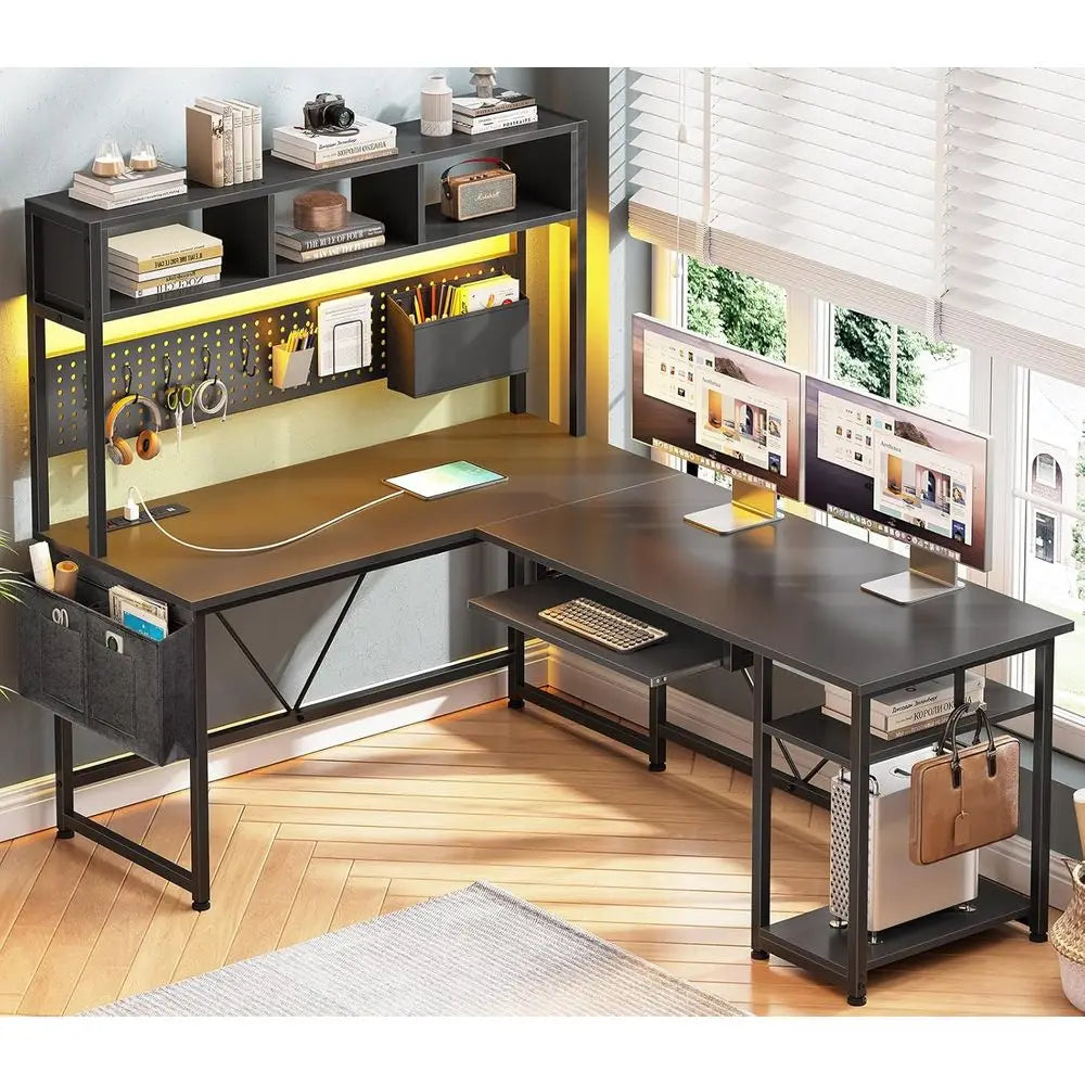 57.5 L-Shaped Gaming Desk with Storage, LED Lights, Power Outlet, and Keyboard Tray in Black