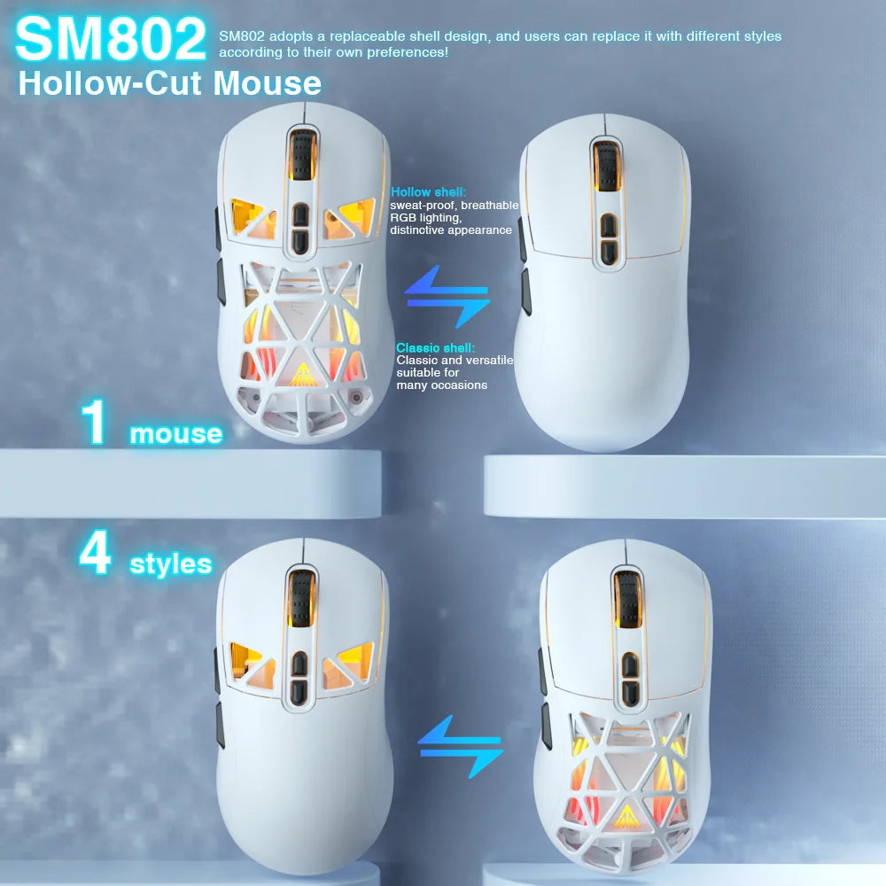 SOLAKAKA SM802 TRI-MODE Wireless Mouse Customized 10000DPI Macro Replaceble Switch RGB Heneycemb Ergonomic Mouse 63g Ultra-light