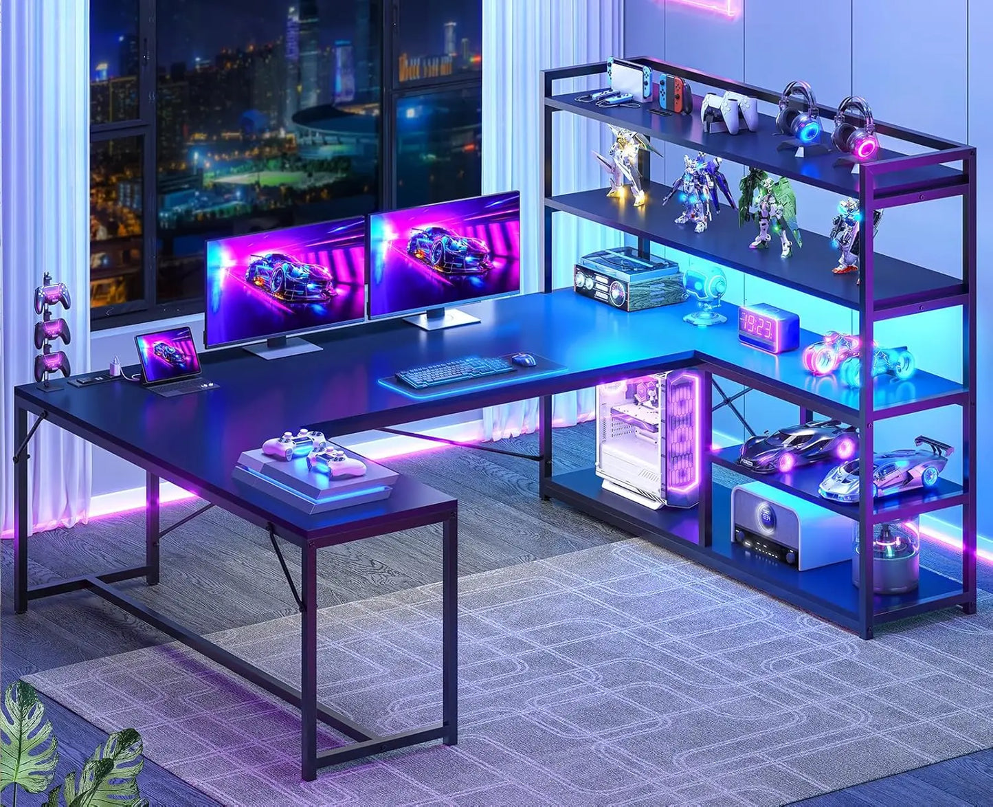 L Shaped Gaming Desk, 63'' Reversible Computer Desk with Power Outlet and Storage Shelves, Corner Gaming Desk with, Customized