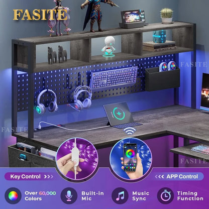 L Shaped Gaming Desk, Reversible Computer Desk with Power Outlet and Pegboard, Gaming Desk with Led Lights, Keyboard Tray