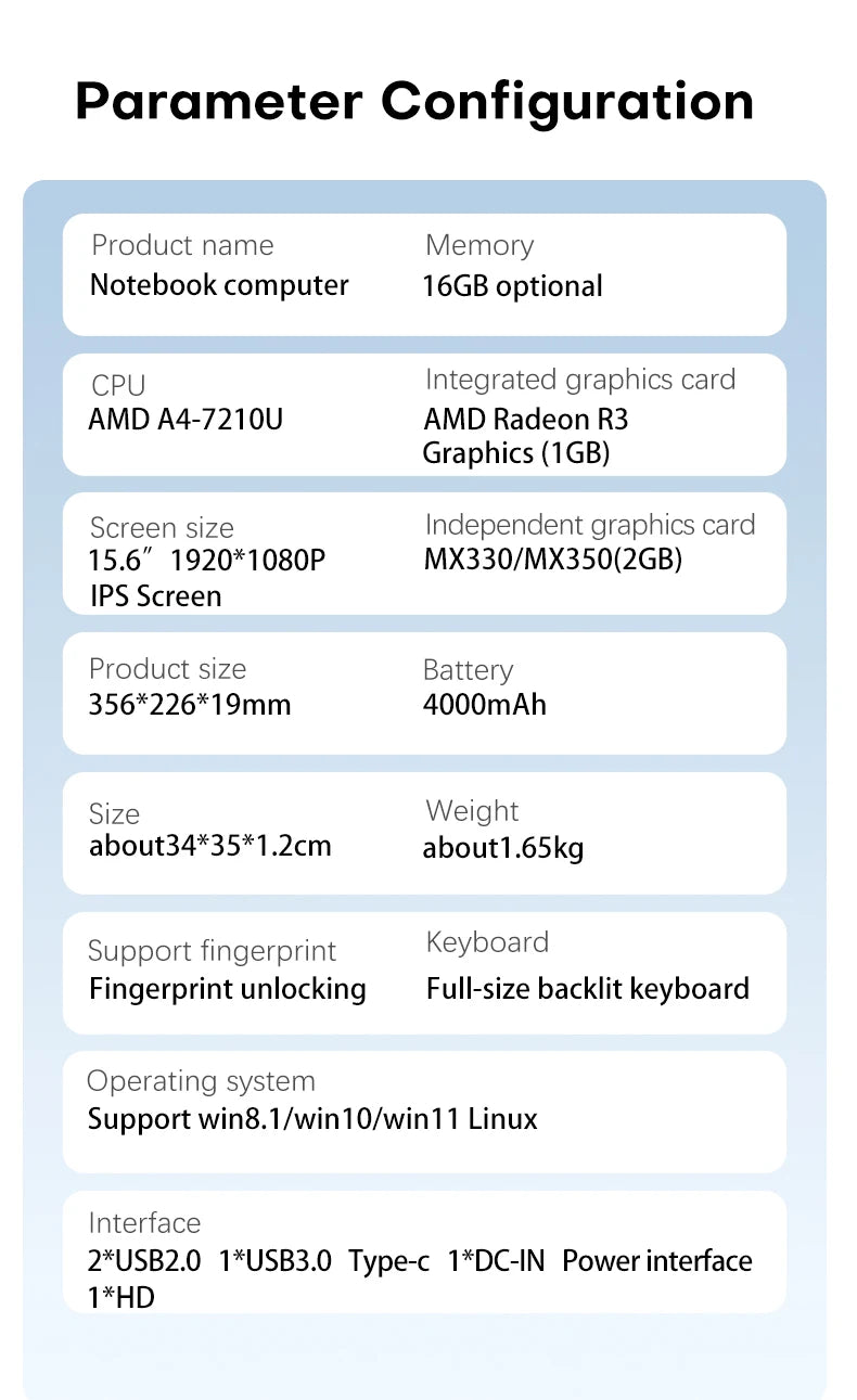 Xiaman 15.6" Gaming Laptop Computer AMD A4-7210 MX350 Discrete Graphics Notebook PC Gamer Windows 11 Fingerprint Unlock Laptops