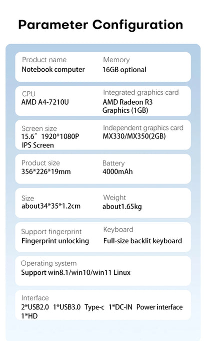 Xiaman 15.6" Gaming Laptop Computer AMD A4-7210 MX350 Discrete Graphics Notebook PC Gamer Windows 11 Fingerprint Unlock Laptops