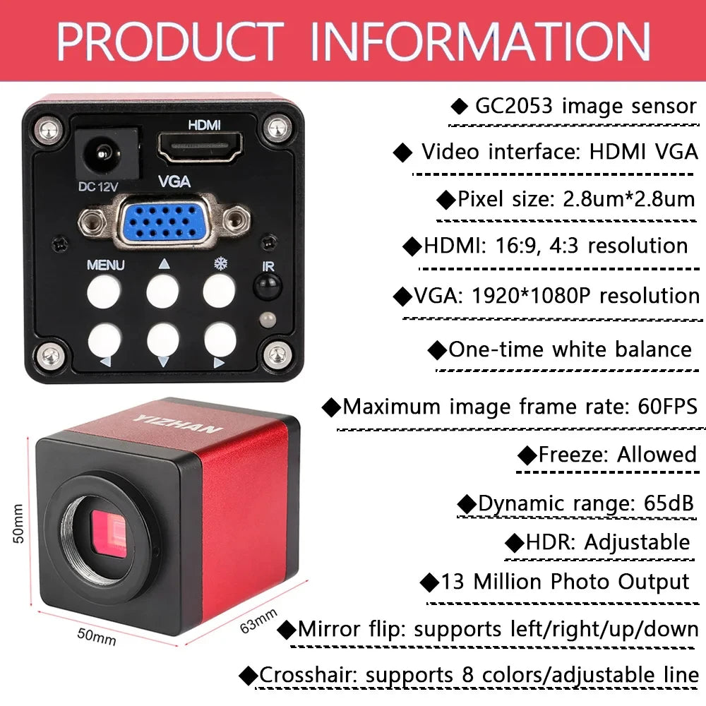 YIZHAN 130X Lens C-mount Digital Microscope for Electronics 4K 1080P HD Industrial Cameras 60MP 48MP HDMI USB VGA Repair Tools