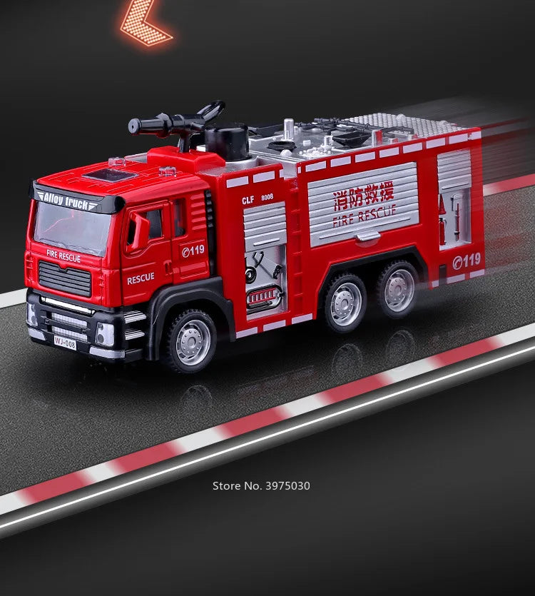 1/32 Fire Engine Car Toy Model with Sound Light Ladder Fire Truck Wheel Pull Back Sprinkler Rescue Vehicle Boys Decoration Gifts