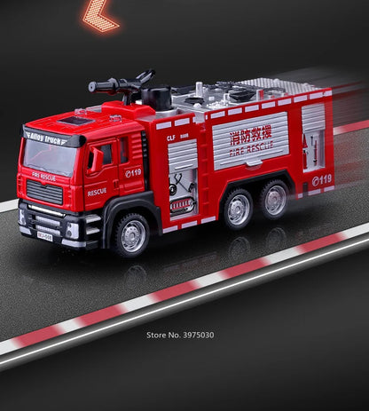 1/32 Fire Engine Car Toy Model with Sound Light Ladder Fire Truck Wheel Pull Back Sprinkler Rescue Vehicle Boys Decoration Gifts