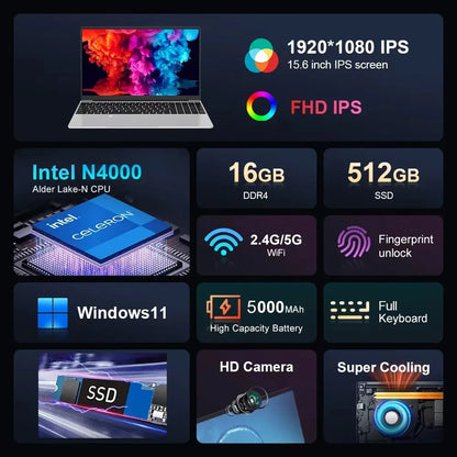 Xiaman 15.6" Ultra Slim Laptop Computer Windows 11 Laptop 16GB RAM 1TB 2TB SSD Intel Celeron N4000 HD Office Study Notebook PC