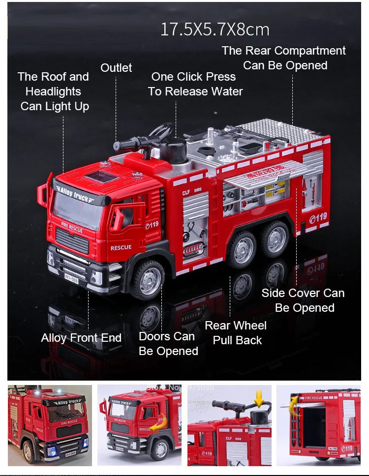 1/32 Fire Engine Car Toy Model with Sound Light Ladder Fire Truck Wheel Pull Back Sprinkler Rescue Vehicle Boys Decoration Gifts