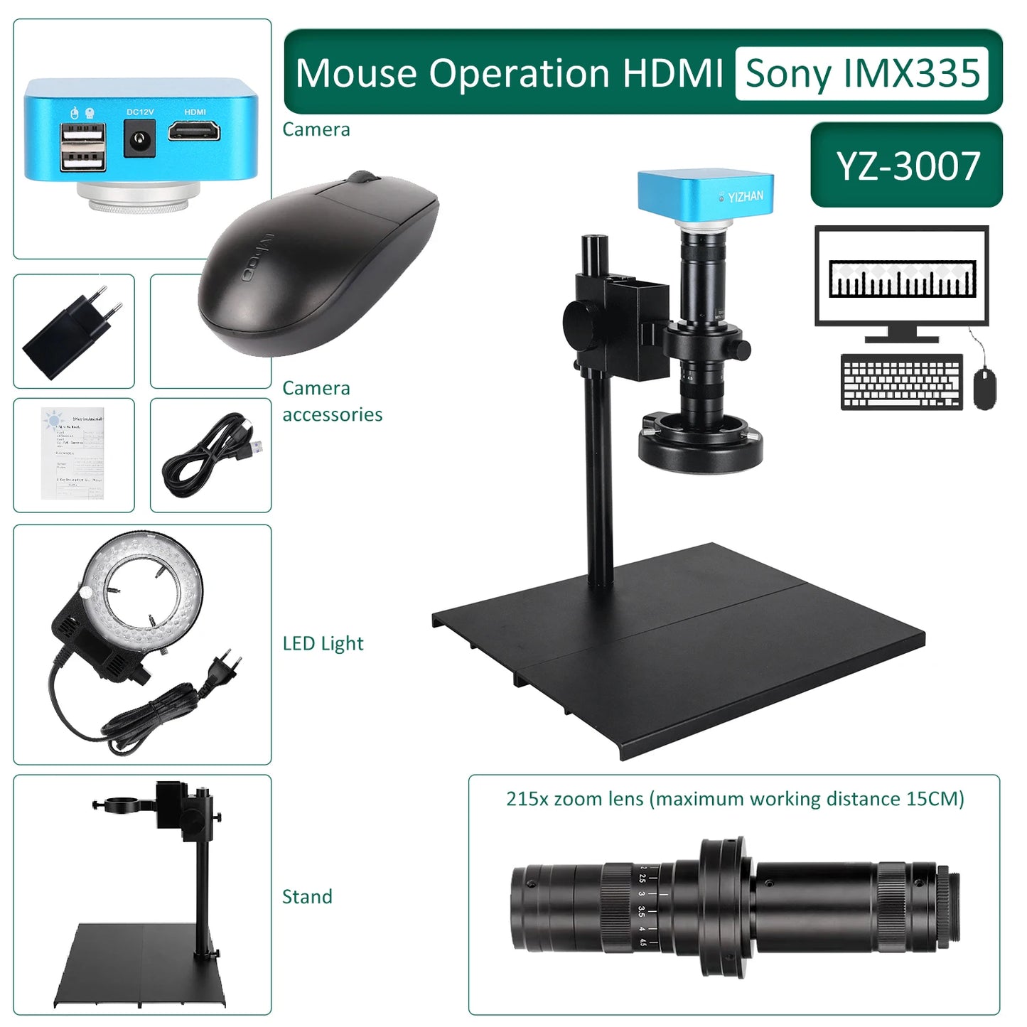 60MP 4K UHD Digital Microscope For Electronics 215x 5x Electronic Magnification Soldering Microscope Software WithSturdy Bracket