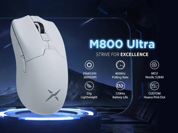 Delux M800ULTRA Gaming Wireless Lightweight Mouse Tri-mode Connection PAW3395 4K 26000DPI Nordic MCU Programmable Macro for PC