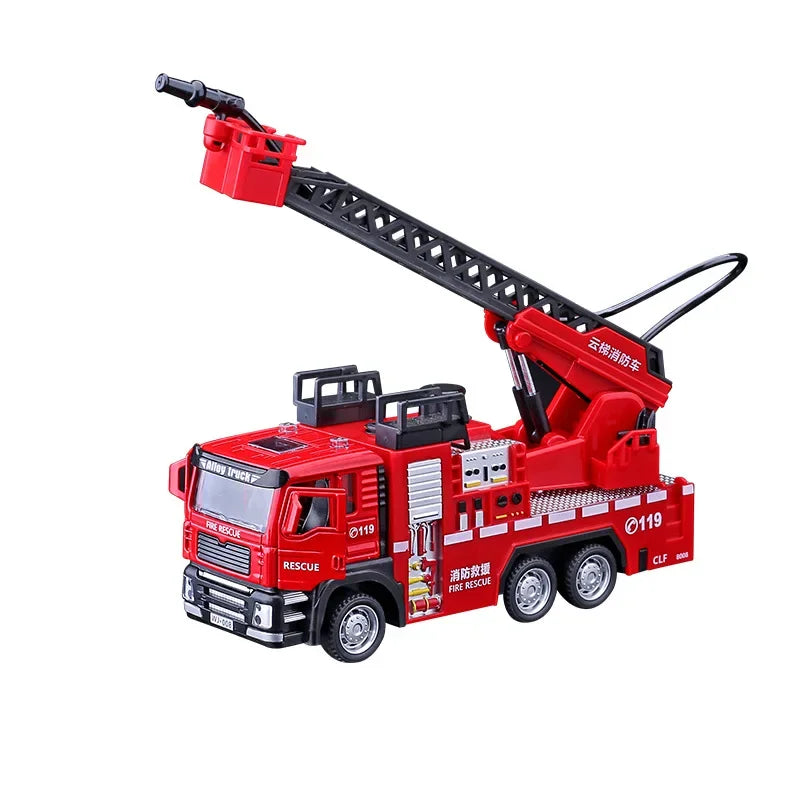 1/32 Fire Engine Car Toy Model with Sound Light Ladder Fire Truck Wheel Pull Back Sprinkler Rescue Vehicle Boys Decoration Gifts