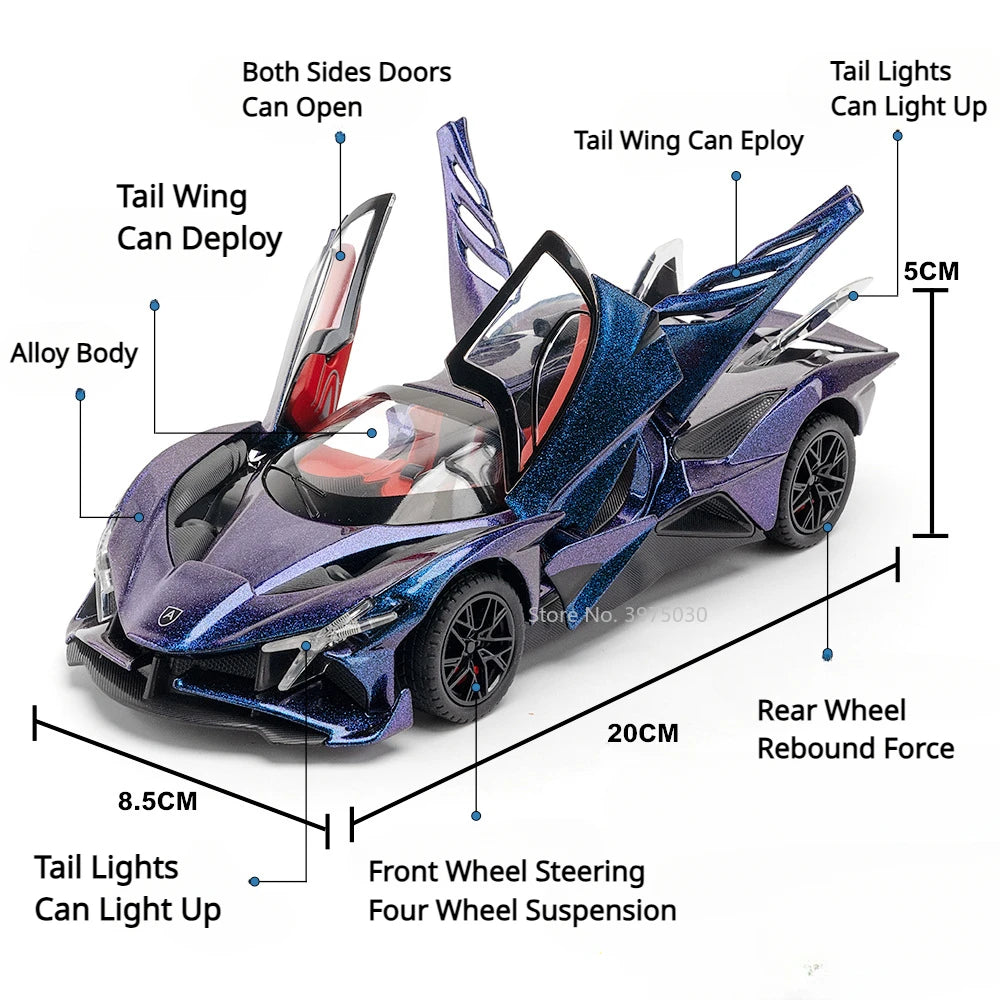 1/24 Scale Apollo EVO Alloy Sports Car Model Metal Diecast Miniature Toy with Pull Back Sound Light Vehicles Boys Birthday Gift