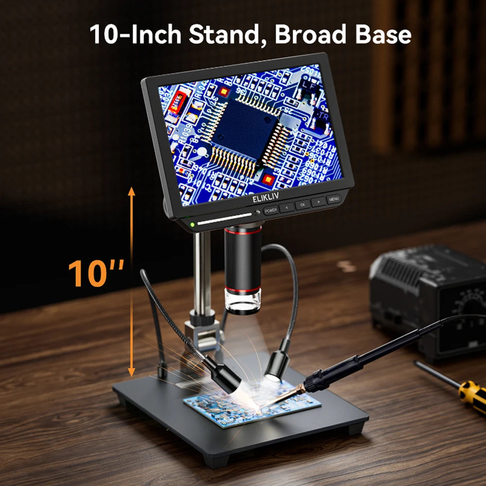 Elikliv EM4K 4K HDMI Digital Microscope for Electronics 8" 2000X Soldering Microscope for PCB Inspection Repair with 10" Stand