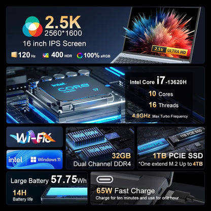 Laptop 16 inch 2.5K 120Hz Intel Core i7-13620H WiFi 6 32GB RAM 1TB SSD Laptop Windows 11 pro Notebook Office Computer