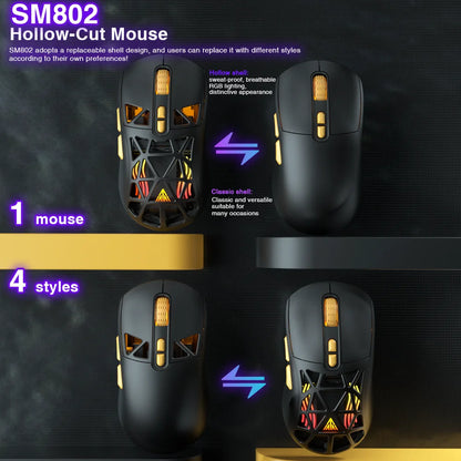 SOLAKAKA SM802 TRI-MODE Wireless Mouse Customized 10000DPI Macro Replaceble Switch RGB Heneycemb Ergonomic Mouse 63g Ultra-light