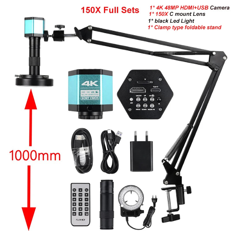 4K 48MP Electronics Digital Microscope Full HD 1080P HDMI USB Video Camera 150X Zoom Lens For Welding PCB Soldering Repair Phone
