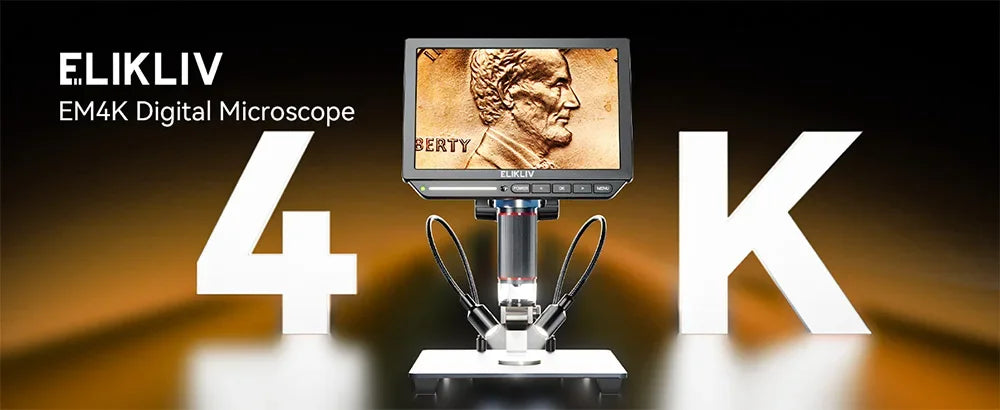 Elikliv EM4K 4K HDMI Digital Microscope for Electronics 8" 2000X Soldering Microscope for PCB Inspection Repair with 10" Stand
