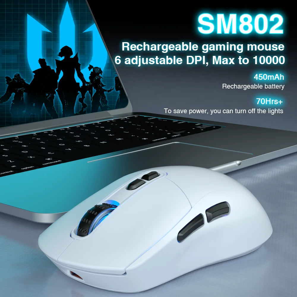 SOLAKAKA SM802 TRI-MODE Wireless Mouse Customized 10000DPI Macro Replaceble Switch RGB Heneycemb Ergonomic Mouse 63g Ultra-light