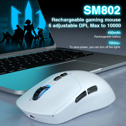 SOLAKAKA SM802 TRI-MODE Wireless Mouse Customized 10000DPI Macro Replaceble Switch RGB Heneycemb Ergonomic Mouse 63g Ultra-light