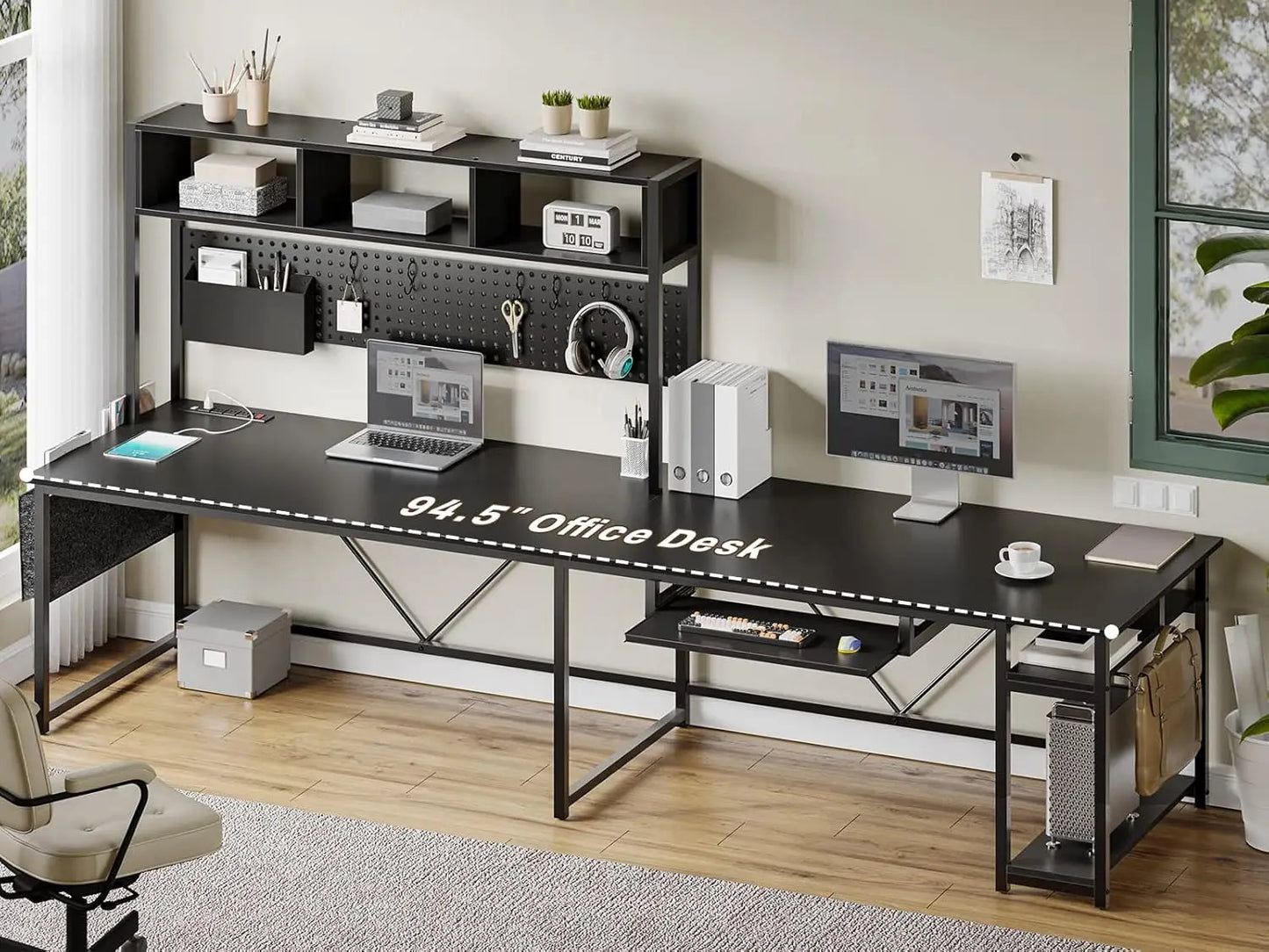 L Shaped Gaming Desk with LED Lights, Power Outlet, Keyboard Tray & Storage for Home Office