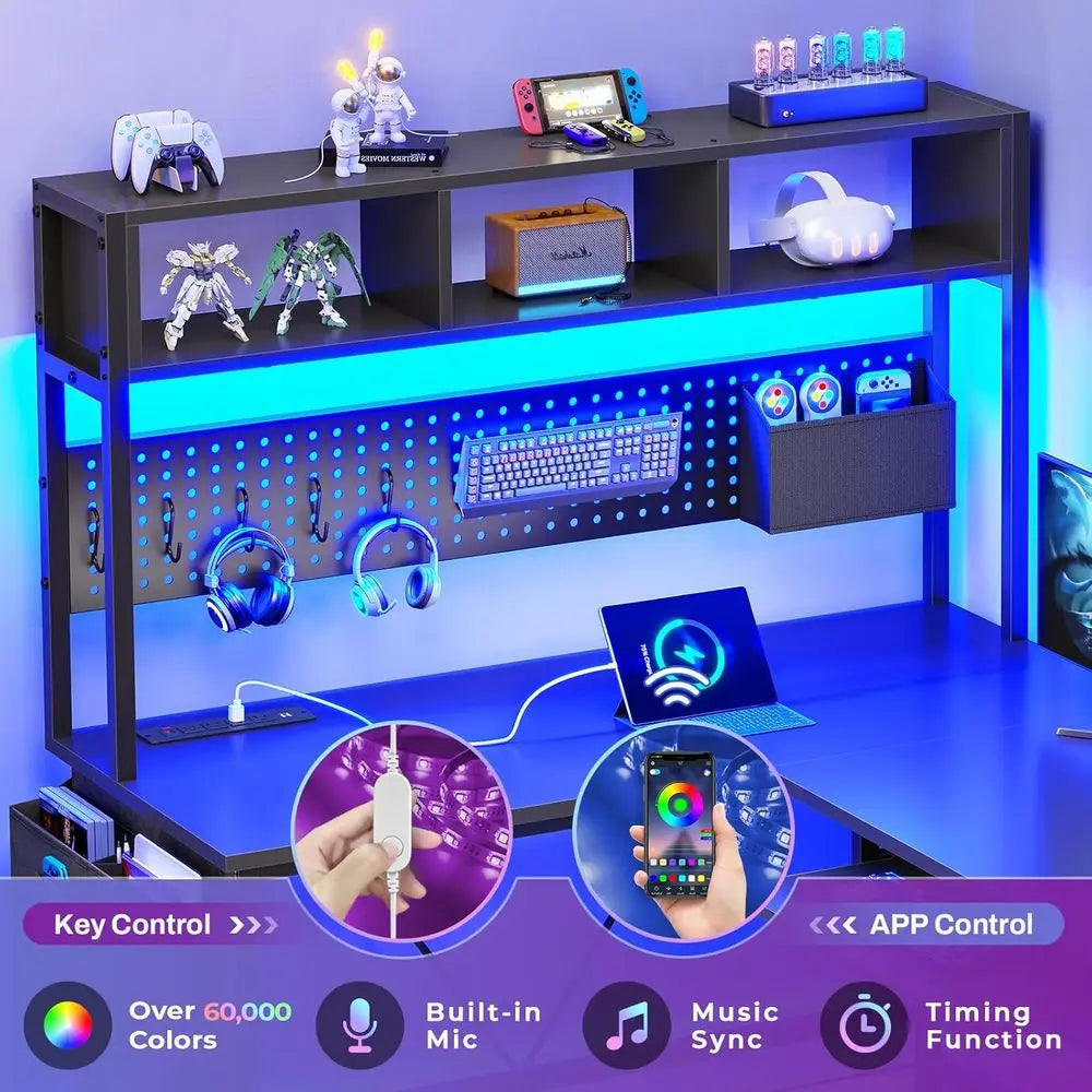 57.5 L-Shaped Gaming Desk with Storage, LED Lights, Power Outlet, and Keyboard Tray in Black