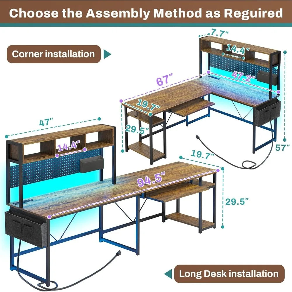 L Shaped Computer Desk with Power Outlet and Pegboard, Reversible Corner Desk