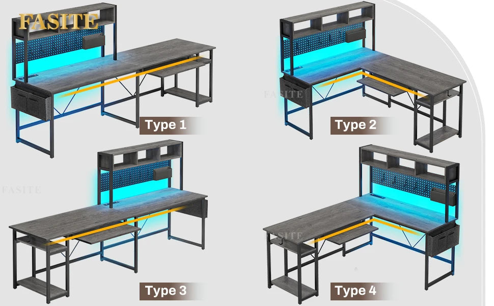 L Shaped Gaming Desk, Reversible Computer Desk with Power Outlet and Pegboard, Gaming Desk with Led Lights, Keyboard Tray