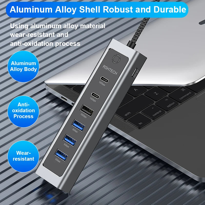 RSHTECH USB C Hub 7-Port USB 3.2 Gen2 Splitter with 5 USB-A & 2 USB-C Data Ports Aluminum USB Extension Data Hubs for PC Laptop
