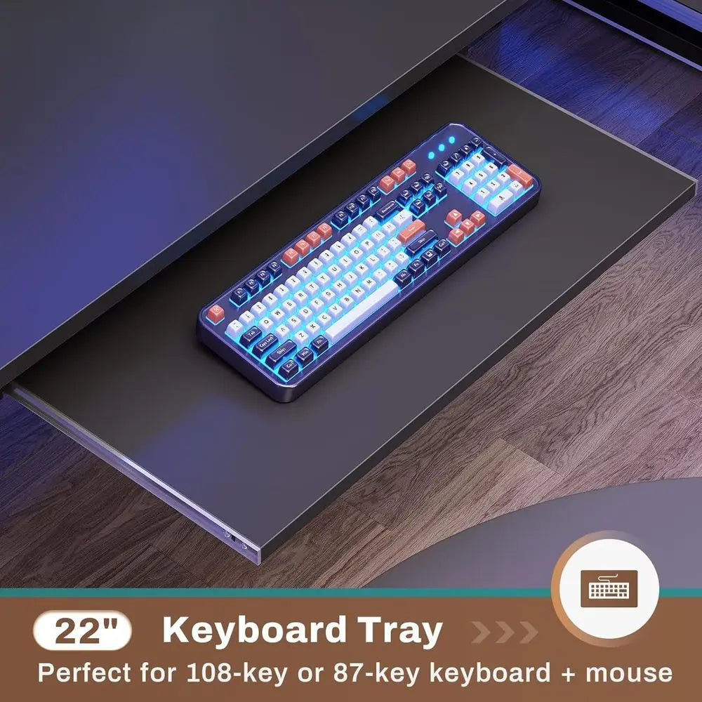 57.5 L-Shaped Gaming Desk with Storage, LED Lights, Power Outlet, and Keyboard Tray in Black
