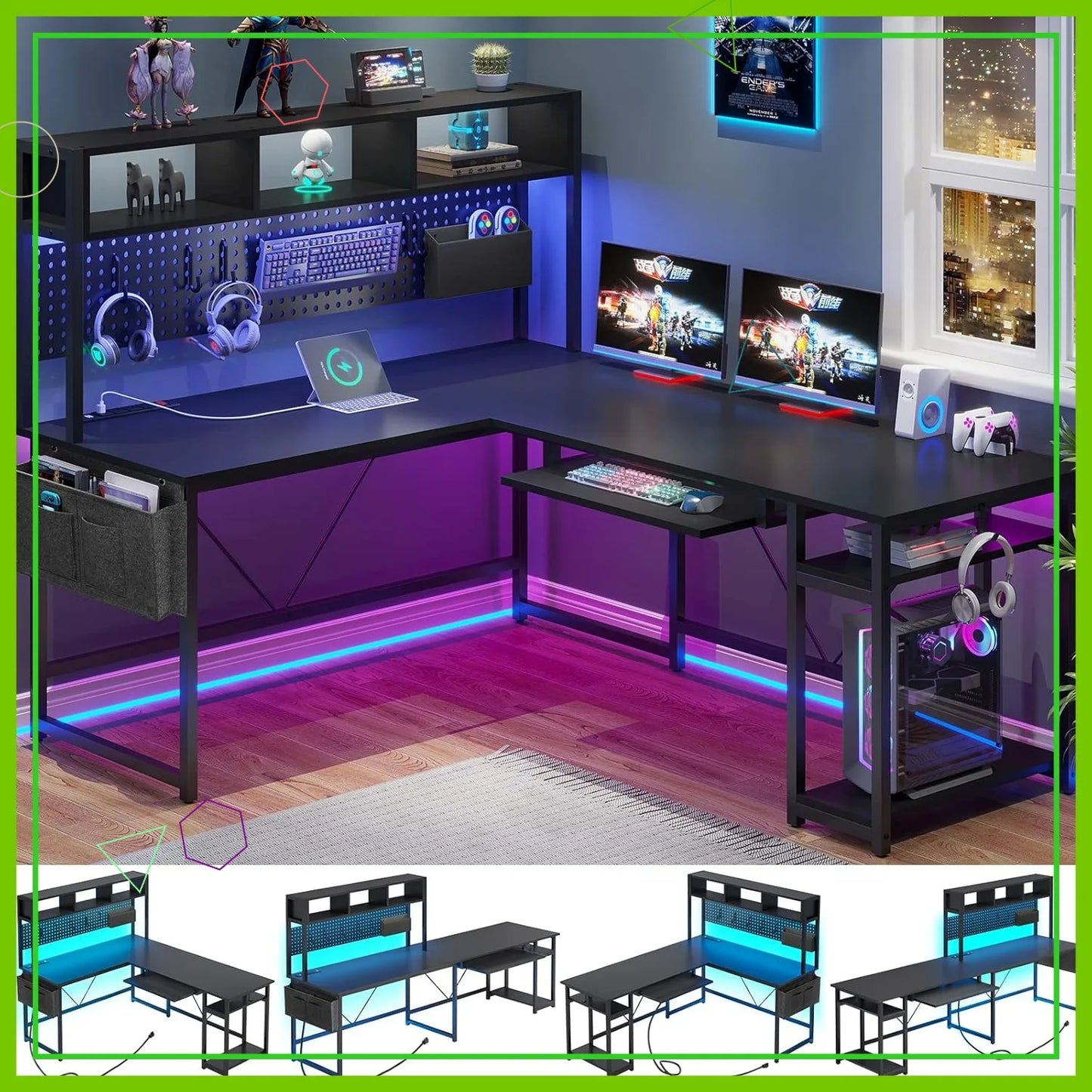 L Shaped Gaming Desk with LED Lights, Power Outlet, Keyboard Tray & Storage for Home Office