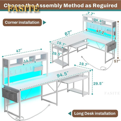 L Shaped Gaming Desk, Reversible Computer Desk with Power Outlet and Pegboard, Gaming Desk with Led Lights, Keyboard Tray