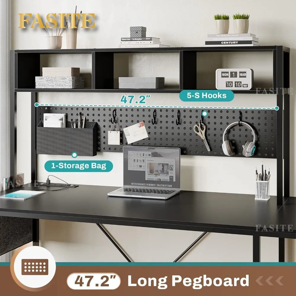 L Shaped Gaming Desk, Reversible Computer Desk with Power Outlet and Pegboard, Gaming Desk with Led Lights, Keyboard Tray