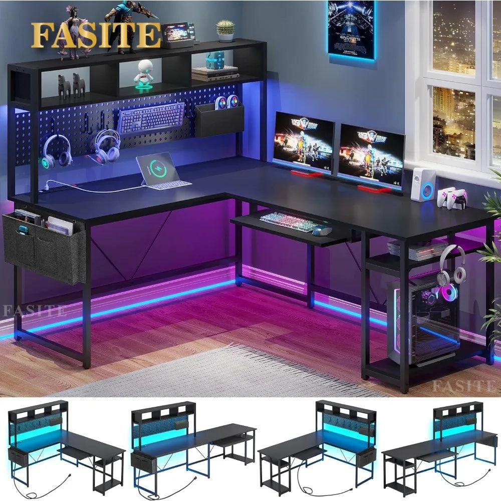 L Shaped Gaming Desk, Reversible Computer Desk with Power Outlet and Pegboard, Gaming Desk with Led Lights, Keyboard Tray