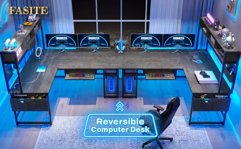 L Shaped Gaming Desk, Reversible Computer Desk with Power Outlet and Pegboard, Gaming Desk with Led Lights, Keyboard Tray