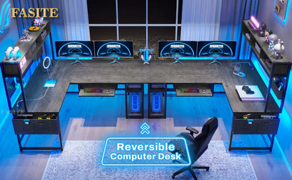 L Shaped Gaming Desk, Reversible Computer Desk with Power Outlet and Pegboard, Gaming Desk with Led Lights, Keyboard Tray