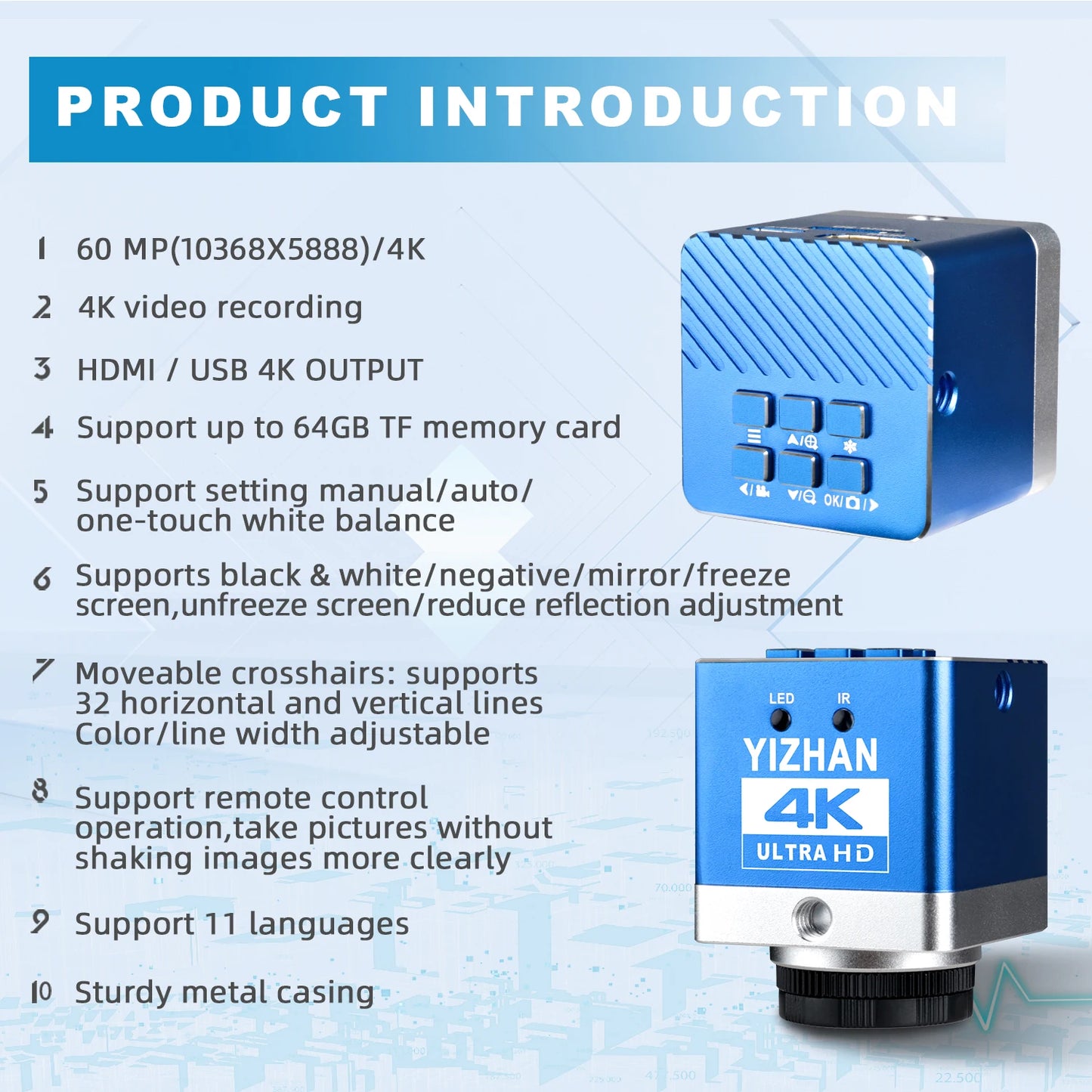 YIZHAN 130X Lens C-mount Digital Microscope for Electronics 4K 1080P HD Industrial Cameras 60MP 48MP HDMI USB VGA Repair Tools