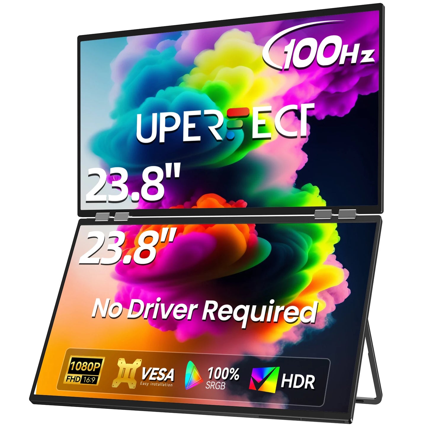UPERFECT Delta Mega 23.8 Inch 100Hz Dual Screen Stacked Computer Display 1080P 360° Folding Triple Extender Monitor with Speaker