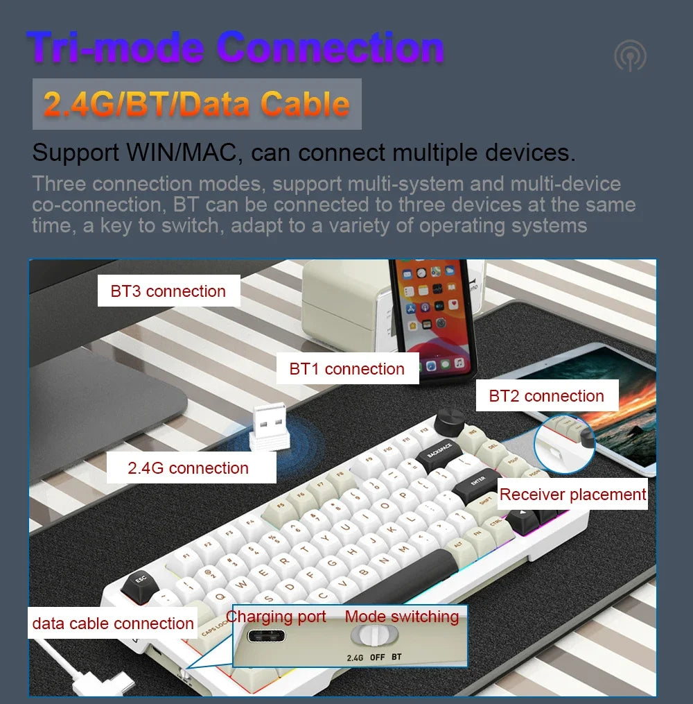 E-YOOSO Z82 RGB USB Mechanical Gaming Keyboard Support Bluetooth wireless 2.4G Wired 3 mode Gamer 82 Keys for Computer PC Laptop