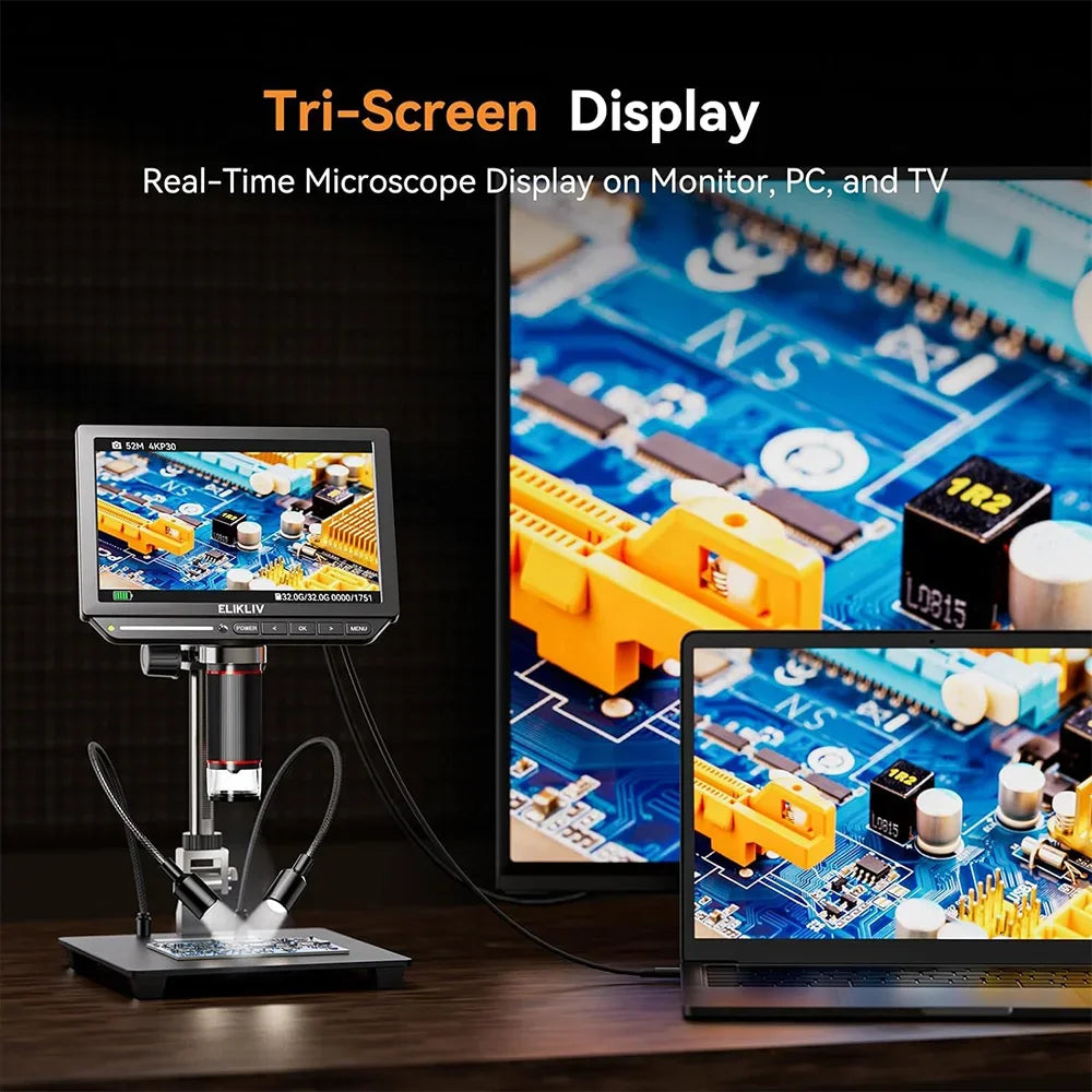 Elikliv EM4K 4K HDMI Digital Microscope for Electronics 8" 2000X Soldering Microscope for PCB Inspection Repair with 10" Stand
