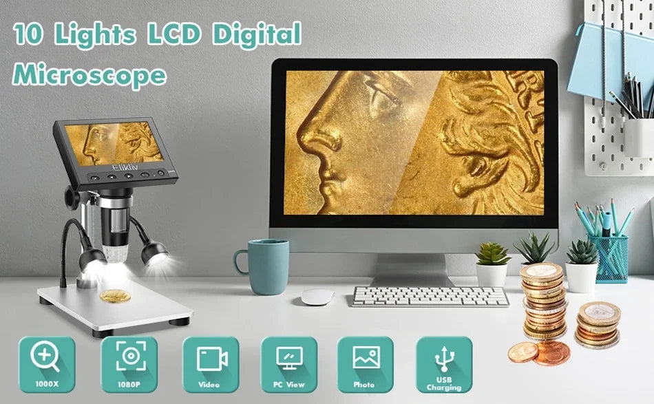 Elikliv DM4S 4.3 Inch LCD Digital Microscope 1000X LED 1080P Video Camera Microscope For Electronics Soldering Phone Repair Coin