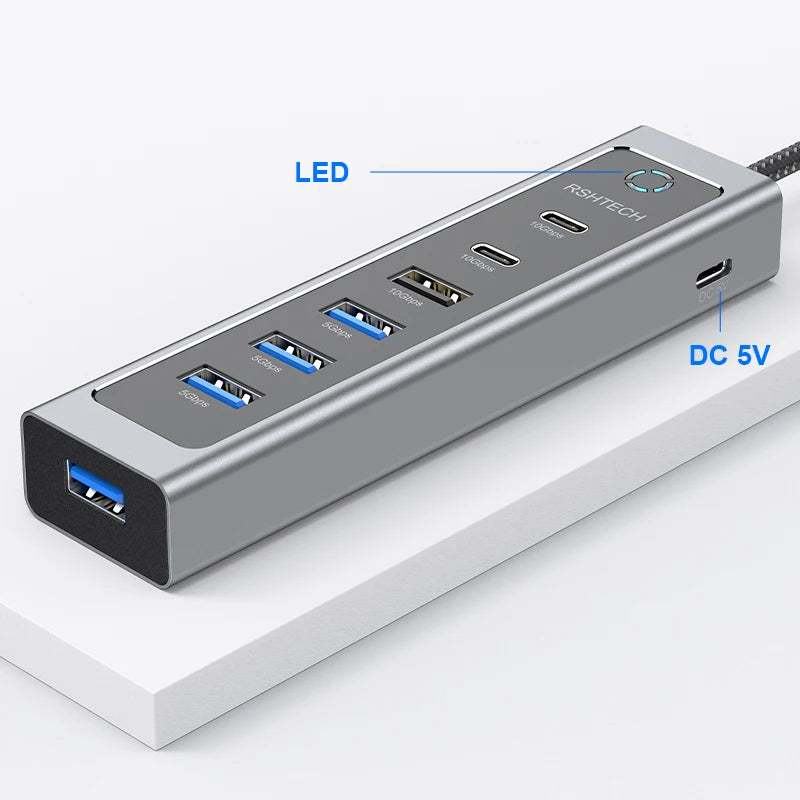 RSHTECH USB C Hub 7-Port USB 3.2 Gen2 Splitter with 5 USB-A & 2 USB-C Data Ports Aluminum USB Extension Data Hubs for PC Laptop