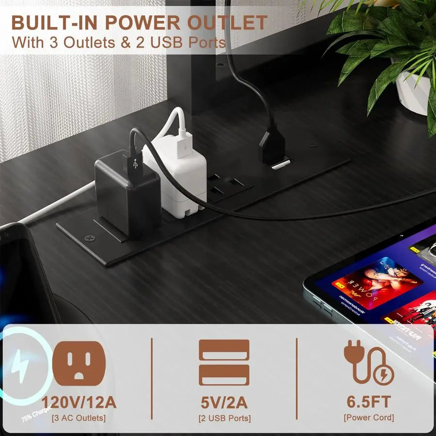 L Shaped Gaming Desk with Power Outlets amp LED Lights, Small L Shaped Desk Computer Corner Desk with Monitor Stand amp Storage