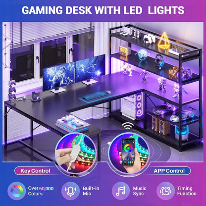 L Shaped Gaming Desk, 63'' Reversible Computer Desk with Power Outlet and Storage Shelves, Corner Gaming Desk with, Customized
