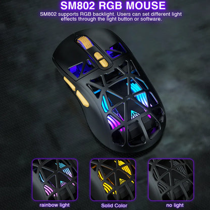 SOLAKAKA SM802 TRI-MODE Wireless Mouse Customized 10000DPI Macro Replaceble Switch RGB Heneycemb Ergonomic Mouse 63g Ultra-light