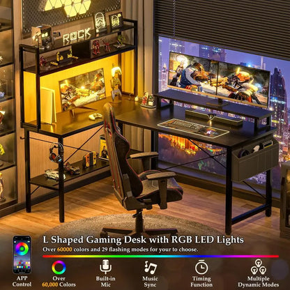 L Shaped Gaming Desk with Power Outlets amp LED Lights, Small L Shaped Desk Computer Corner Desk with Monitor Stand amp Storage