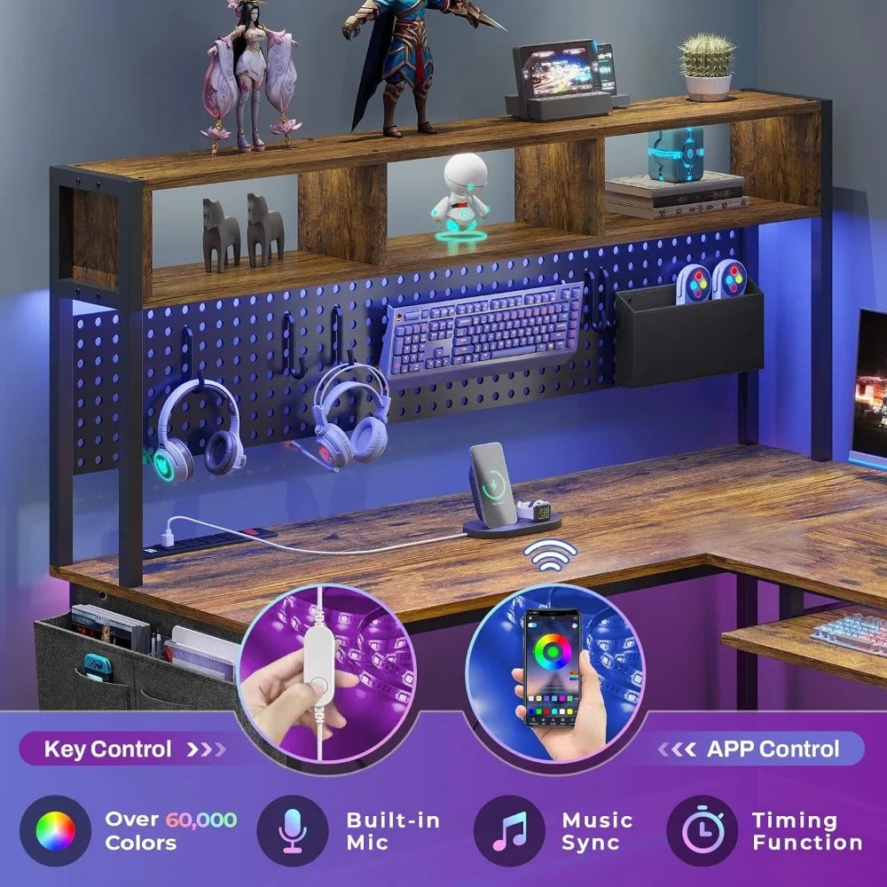 L Shaped Computer Desk with Power Outlet and Pegboard, Reversible Corner Desk