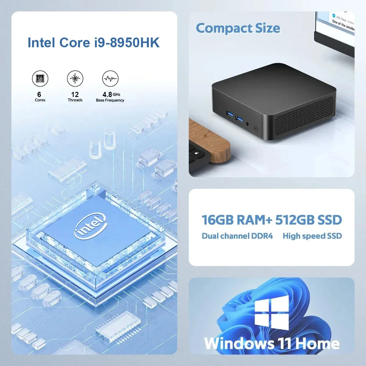 Mini PC Windows 11 Intel Core i9-8950HK 16GB RAM 1/2TB SSD Bluetooth 5.2 WiFi6 1000M Ethernet Gaming Computer Office Computers