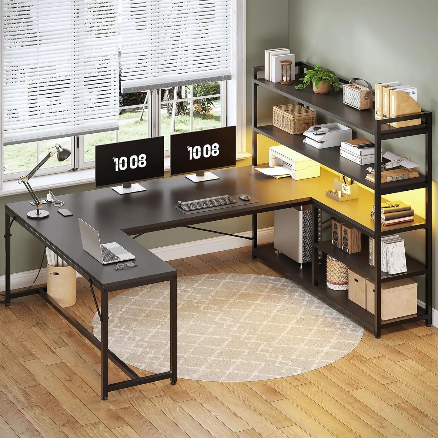 L Shaped Gaming Desk, 63'' Reversible Computer Desk with Power Outlet and Storage Shelves, Corner Gaming Desk with, Customized
